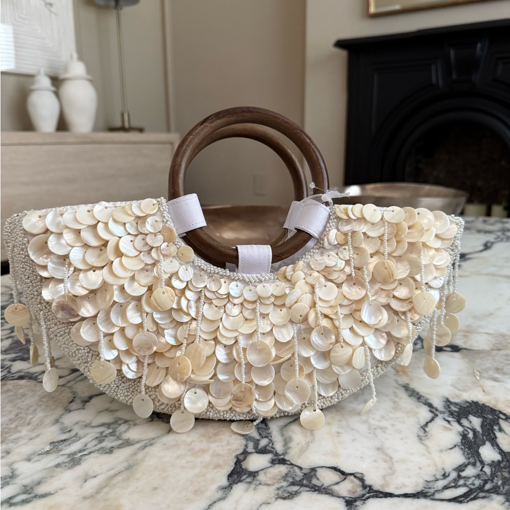 Handcrafted Shell Sequin Half-Moon Tote with Wood Ring Handles